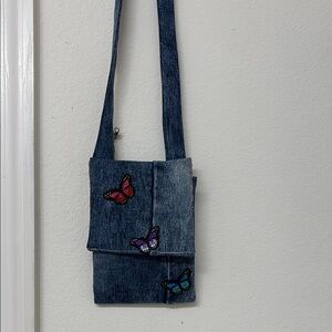 Denim Crossbody Bag with Butterfly Accents
